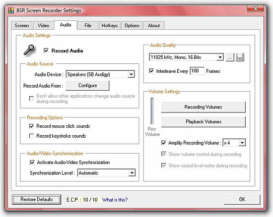 BSR Screen Recorder 4 Audio Settings