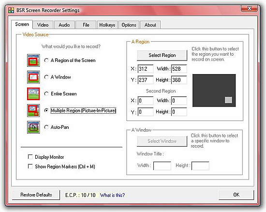 BSR Screen Recorder 4 Configuration Screen Tab