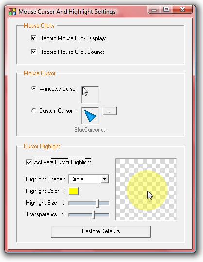 BSR Screen Recorder 4 Mouse Cursor Settings