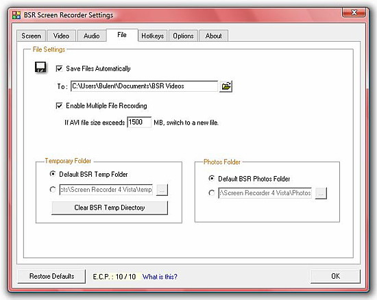 BSR Screen Recorder 4 File Settings